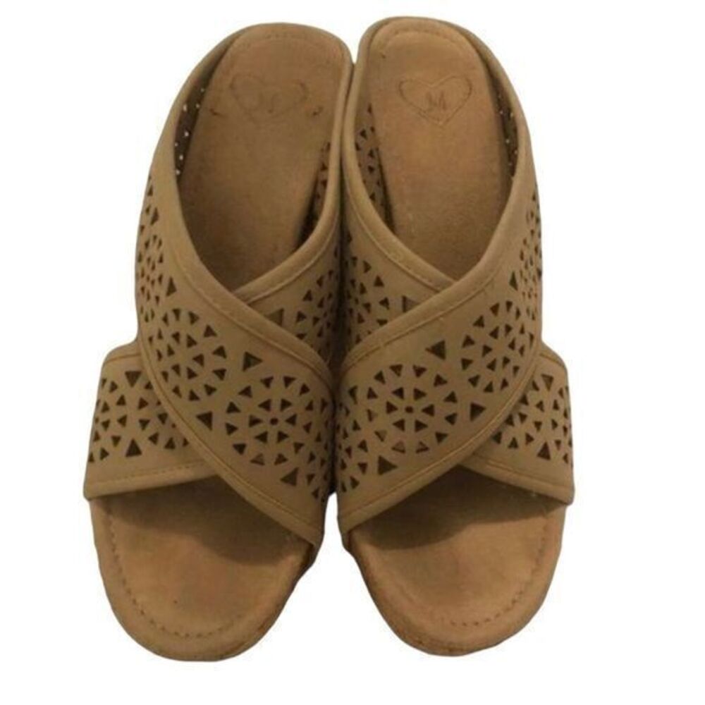 Crisscross Laser cut Faux Leather Cork Platform Wedge Heel Sandel Size 9 - Picture 1 of 3